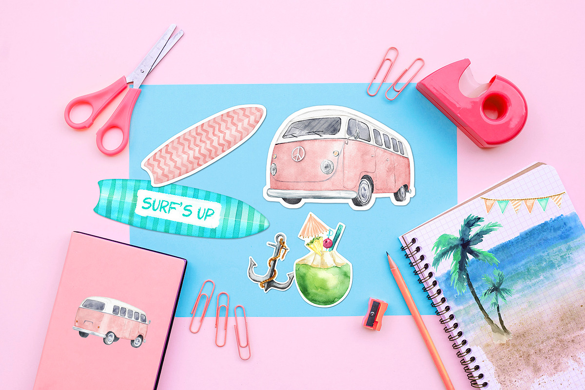Pink Retro Bus & Surfboard Clipart, an Illustration by Dora Katona (Photo 4 of 4)