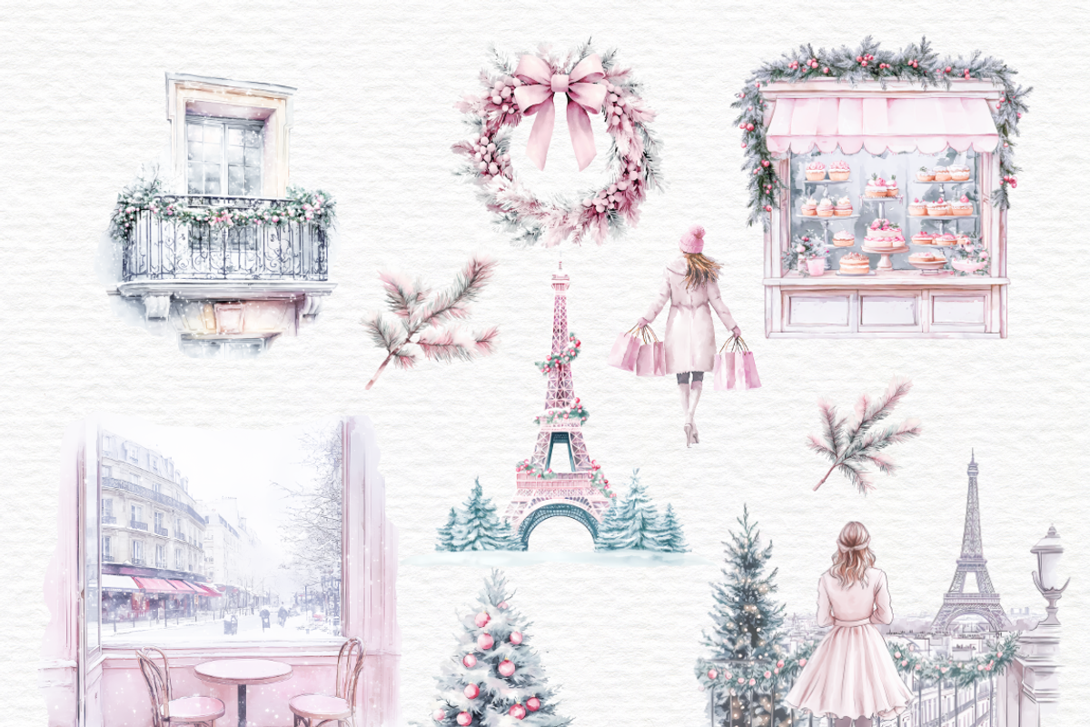 Watercolor pink girl winter Paris, a Person Illustration by Invite to Clipart (Photo 6 of 12)