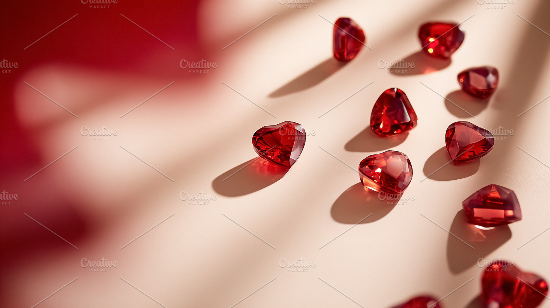 Red crystal hearts scattering on a light background with shadows, a Photo by Studio ANNA