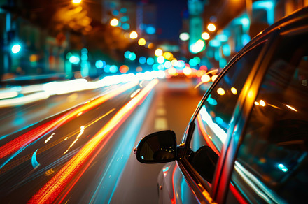 A car navigates through a vibrant ci, a Photo by Tanuart