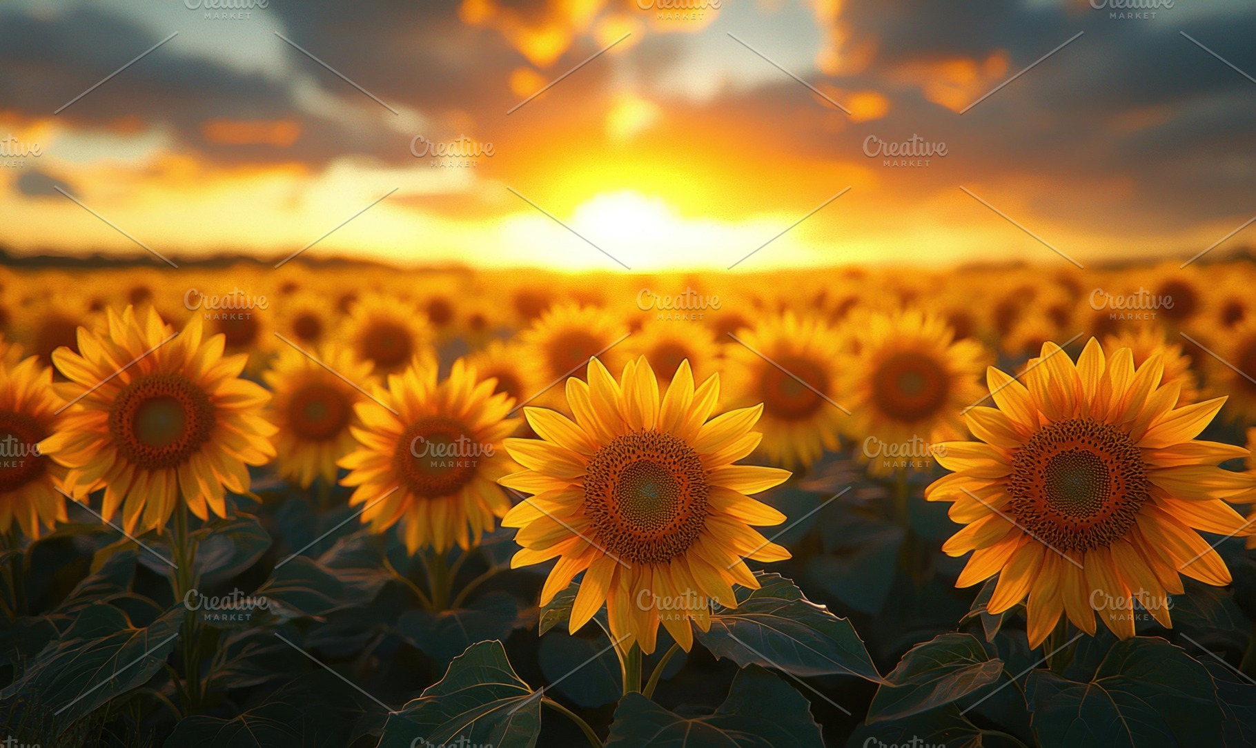 Sunflower field glowing at sunset with golden light and dramatic, a Nature Photo by José Manuel Gelpi