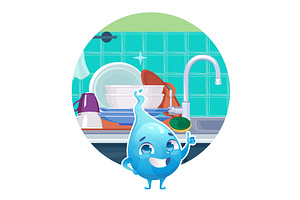 Clean dishes. cartoon mascot water, an Illustration by Onyx