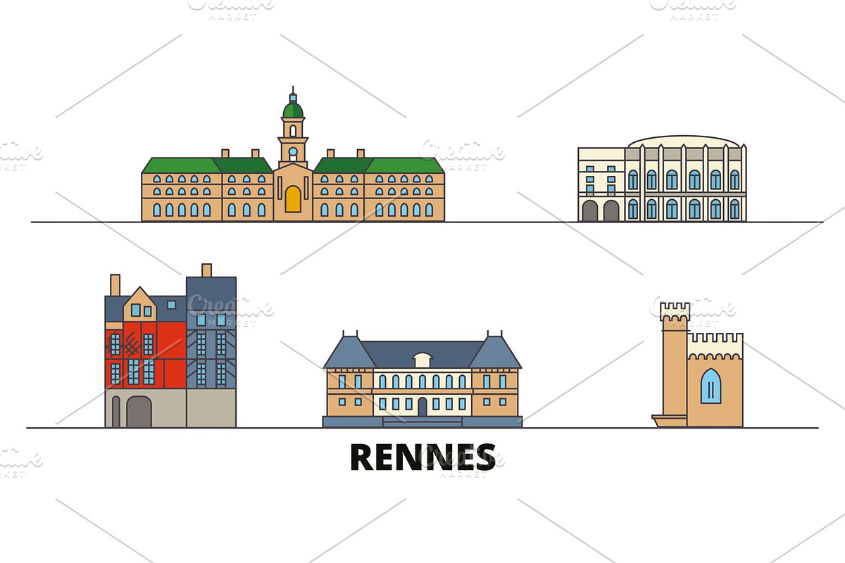 France, Rennes flat landmarks vector, a Work Illustration by urban icon ...