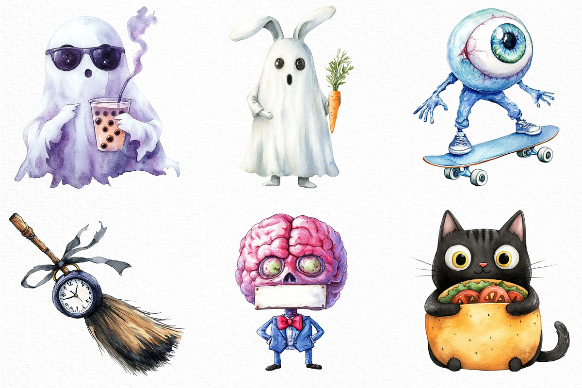 Watercolor Funny Halloween Clipart, an Illustration by Craft Nest (Photo 4 of 6)