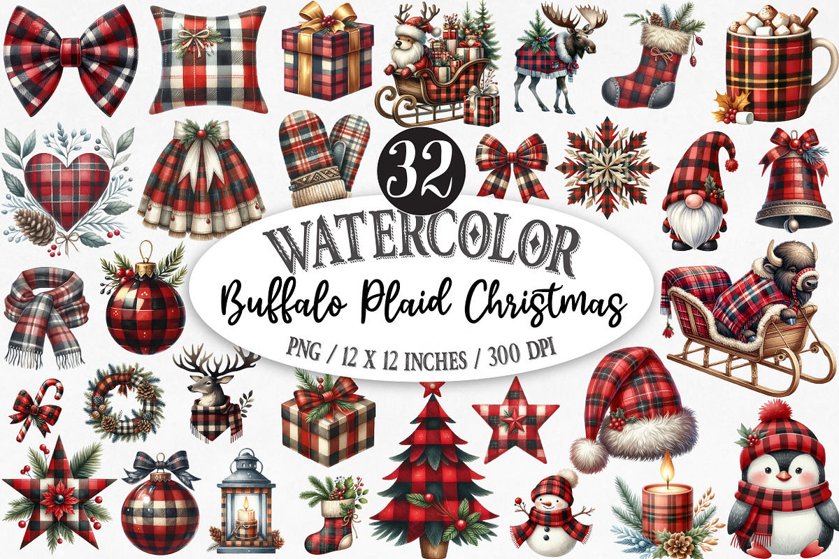 Watercolor Buffalo Plaid Christmas, an Illustration by Designking (Photo 1 of 5)