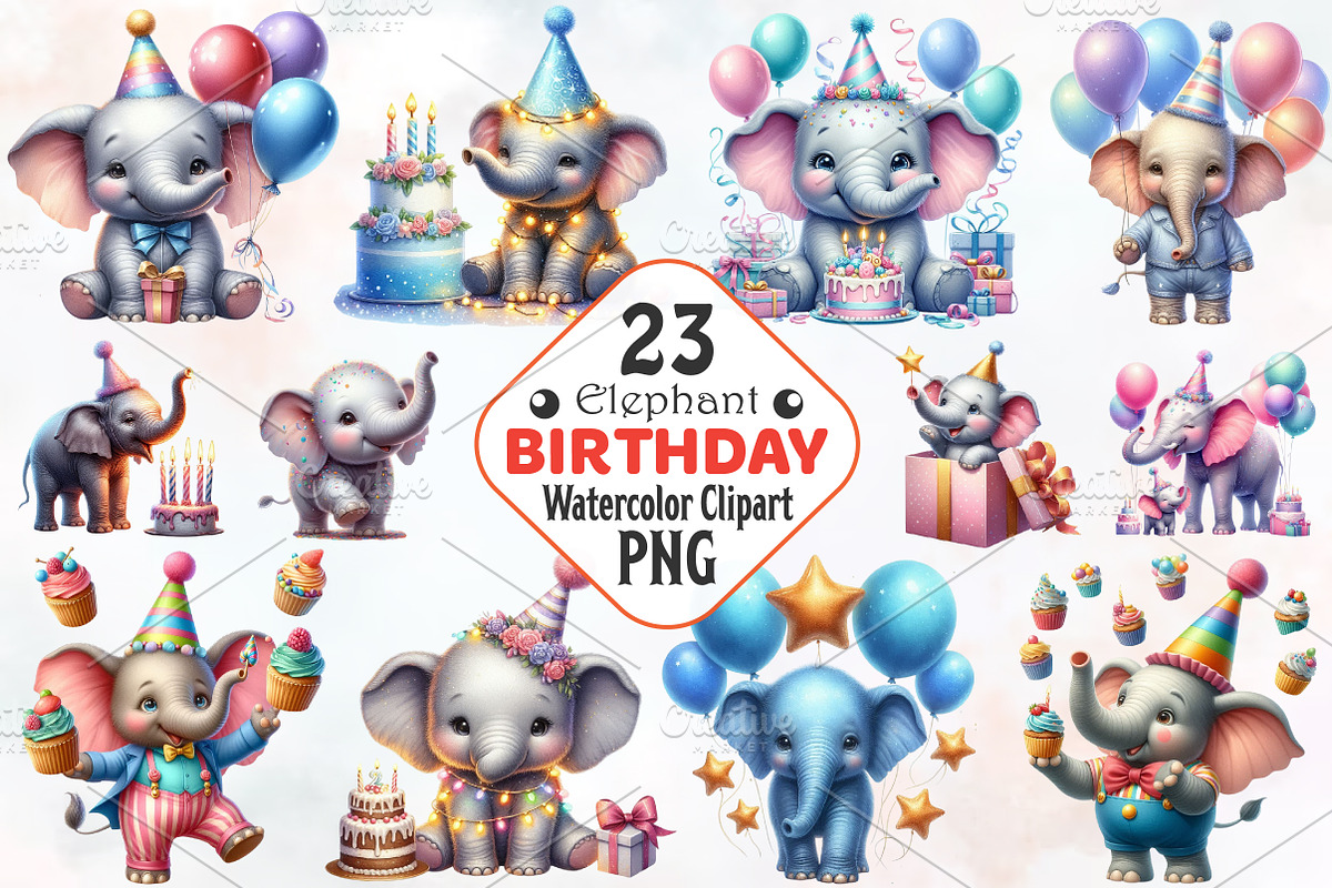 Elephant Birthday Watercolor Clipart, an Illustration by RobertsArt (Photo 1 of 8)
