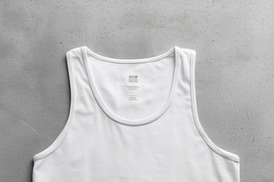 A plain white tank top mockup laid flat on a textured gray surface, showcasing