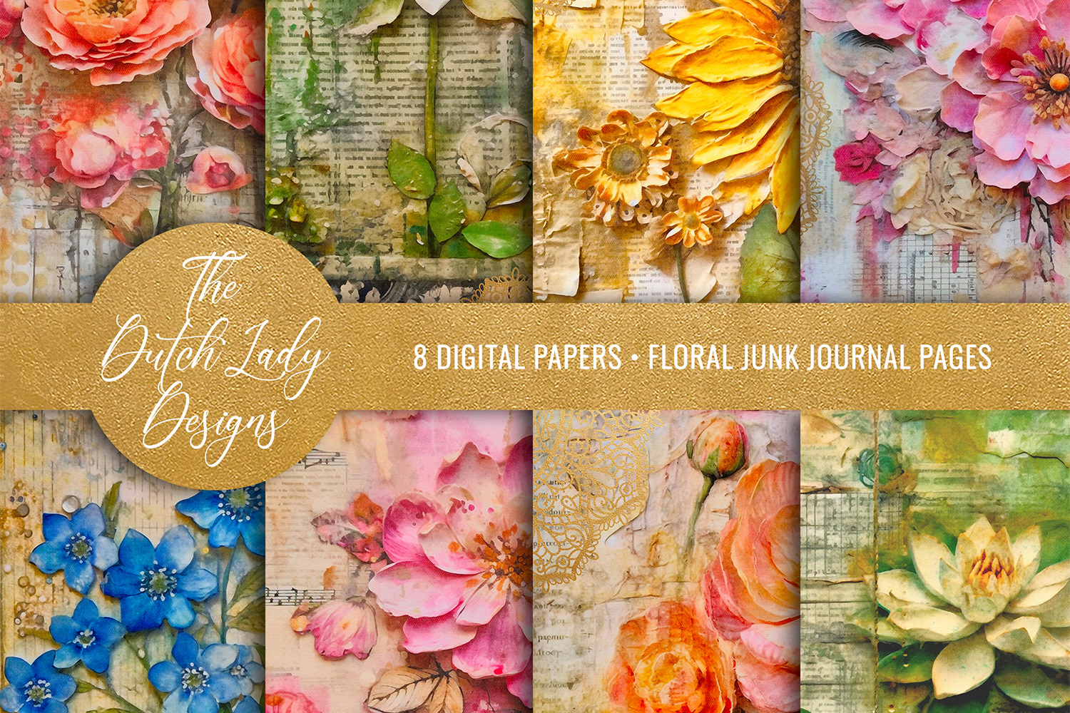 Floral Junk Journal Paper Set, a Texture Graphic by The Dutch Lady Designs
