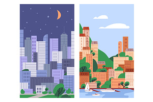 Urban Buildings In City, Posters Set