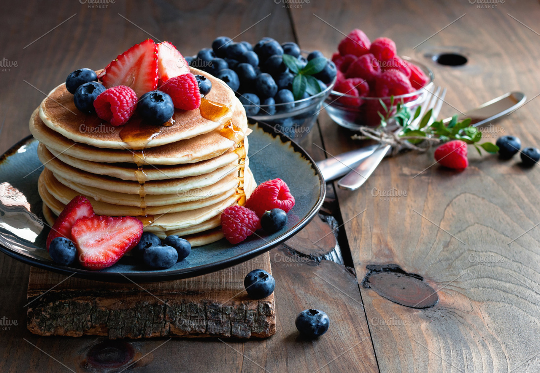 Pancakes with fresh berries featuring background, baked, and berry, a Food & Drink Photo by RosyMaple