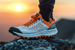 Trail shoes on a male foot against a sunset backdrop in an outdoor environment, a Sports & Recreation Photo by AlyaAnd