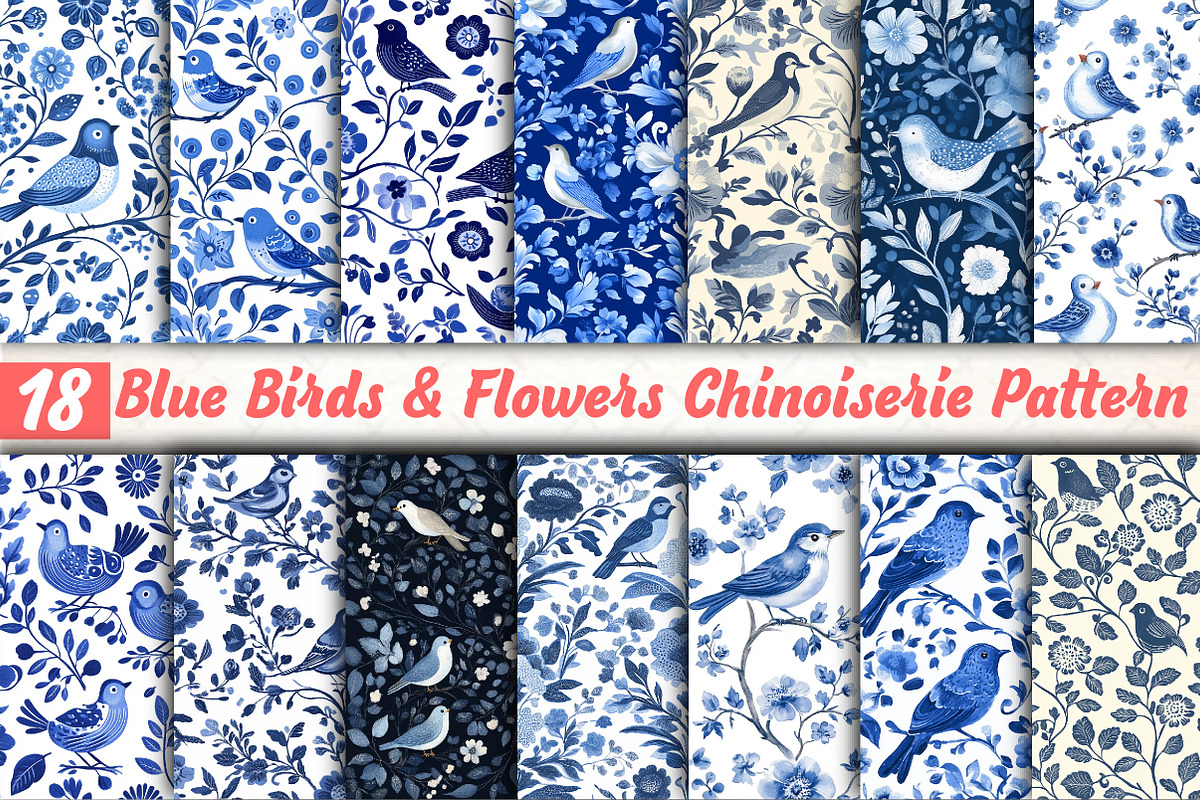 Blue Birds & Flowers Pattern, an Illustration by DreamCafeArt (Photo 1 of 3)