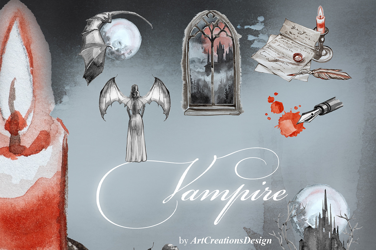Vampire Watercolor Clipart Set, an Object Graphic by ArtCreationsDesign (Photo 5 of 11)