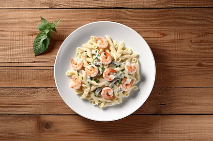Italian pasta with creamy sauce and shrimp on plate. Generative aI, a Food & Drink Photo by AlyaAnd