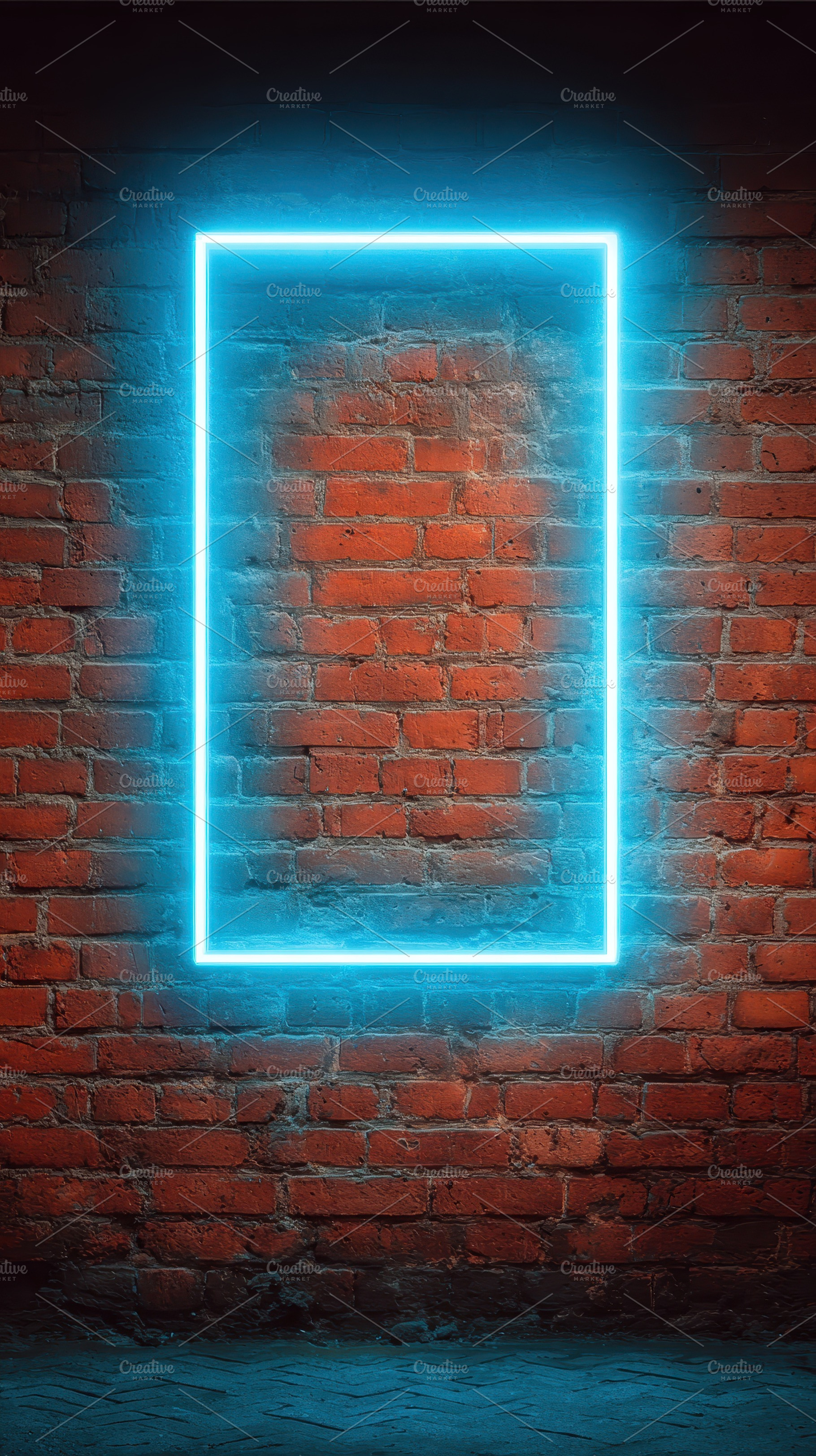 Neon light frame on brick wall backg, an Abstract Photo by Pixeness Studio