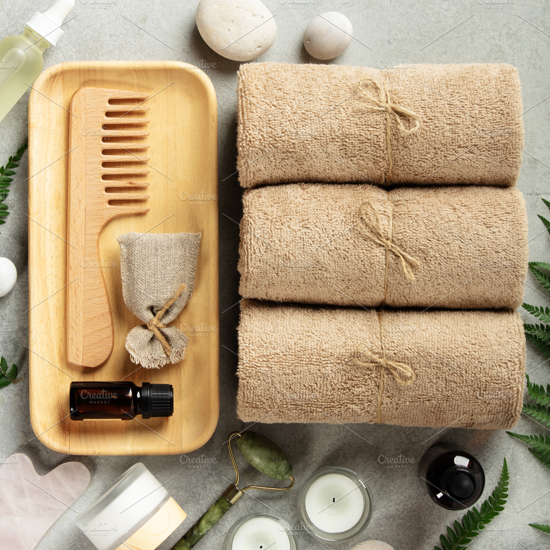 Spa Wellness Flat Lay with Fern, Towels, and Natural Products, a Food & Drink Photo by Natalia Klenova's Shop