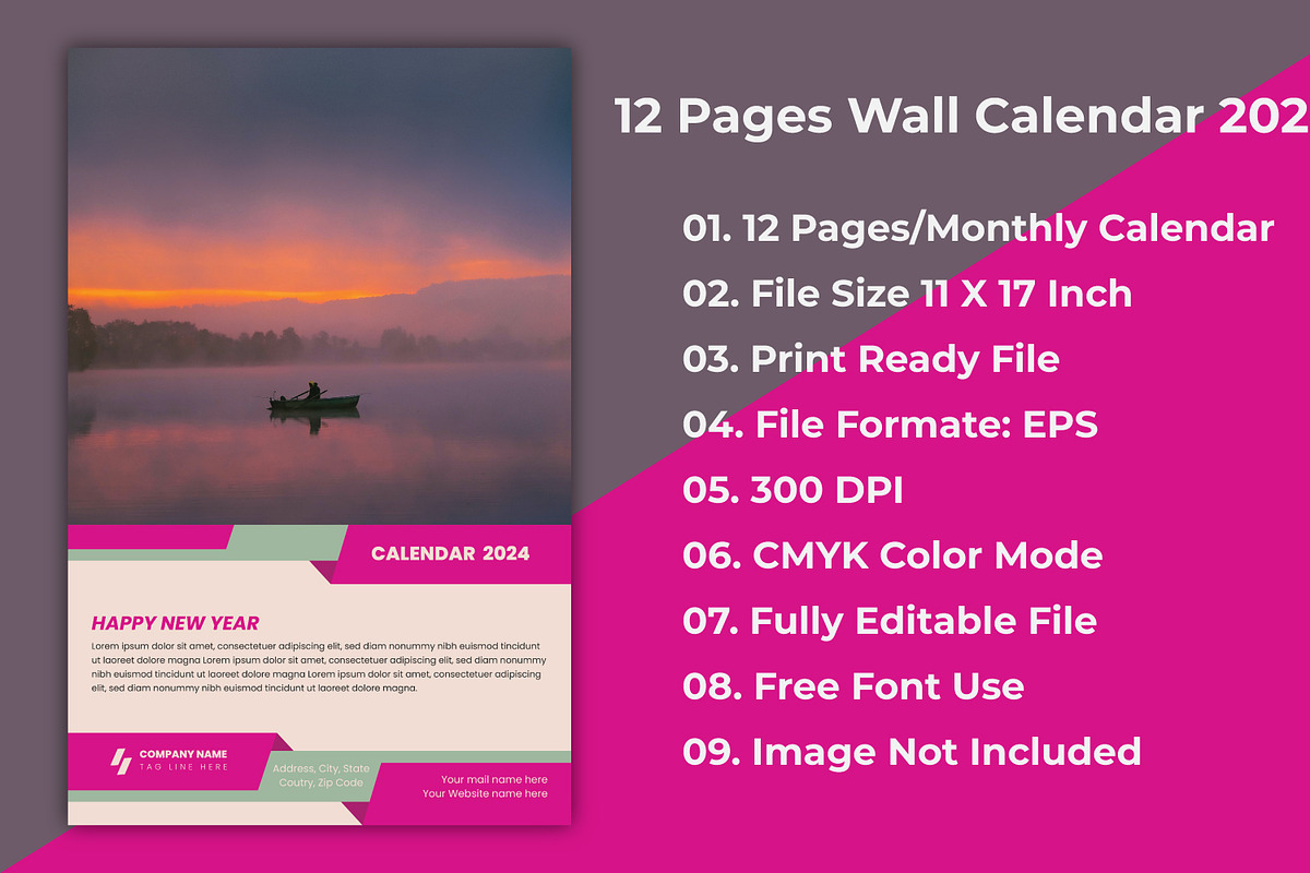 12 Pages Modern Wall Calendar 2024, a Stationery Template by Annudesign (Photo 2 of 9)