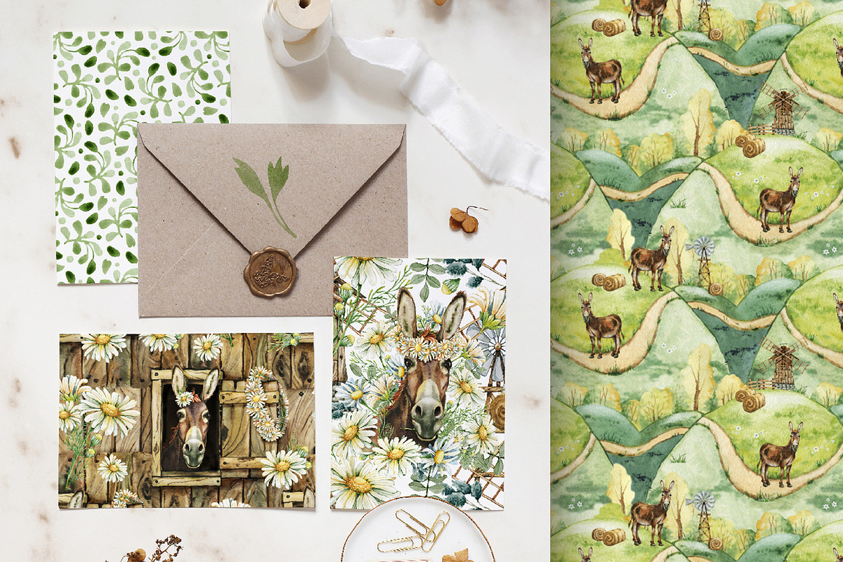 Donkey, farm animals, camomile, a Pattern Graphic by Artmanata (Photo 8 of 10)