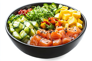 Healthy poke bowl with rice, vegetables, fresh meat or fish, a Food & Drink Photo by AlyaAnd