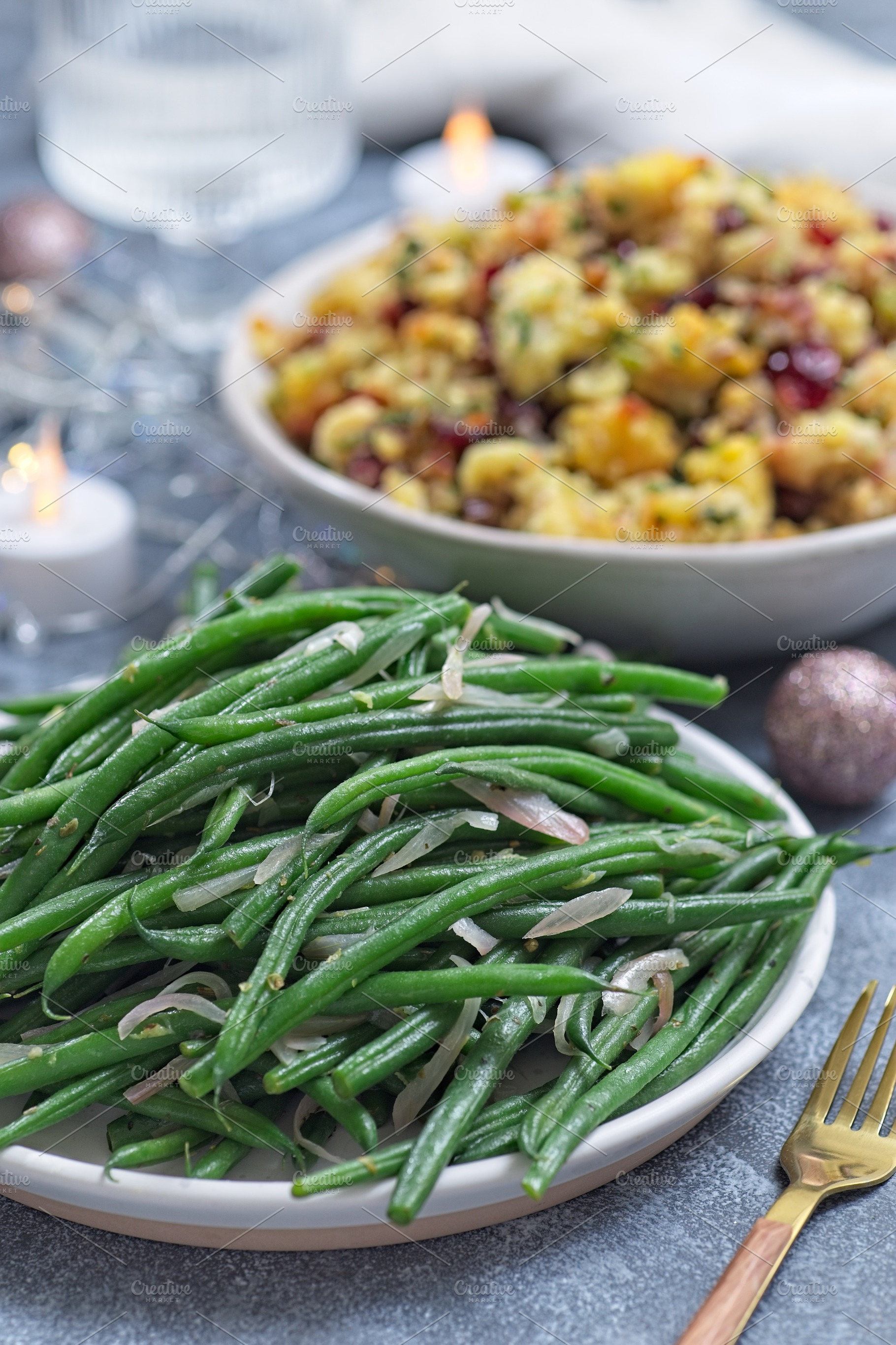 Haricot verts or French green beans with caramelized shallots, side dish, verti, a Food & Drink Photo by iuliia_n