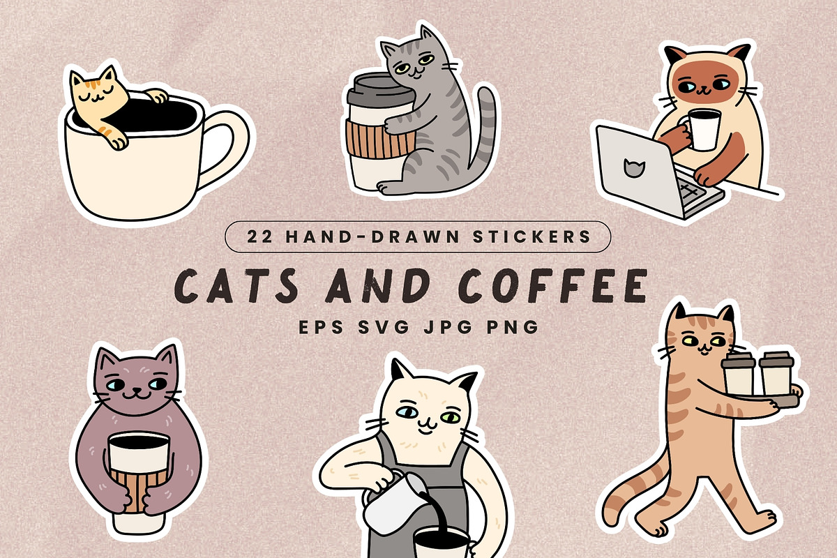 22 Hand Drawn Cats & Coffee Stickers, a Food Illustration by Kristina Chistiakova (Photo 1 of 7)