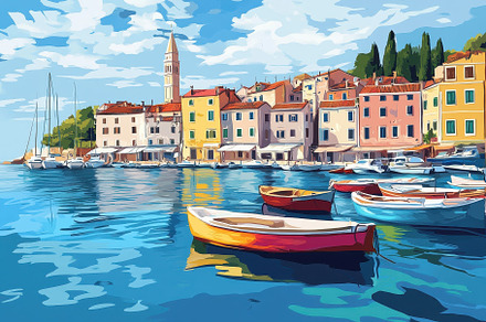 Brightly colored boats are anchored, a Photo by Tanuart