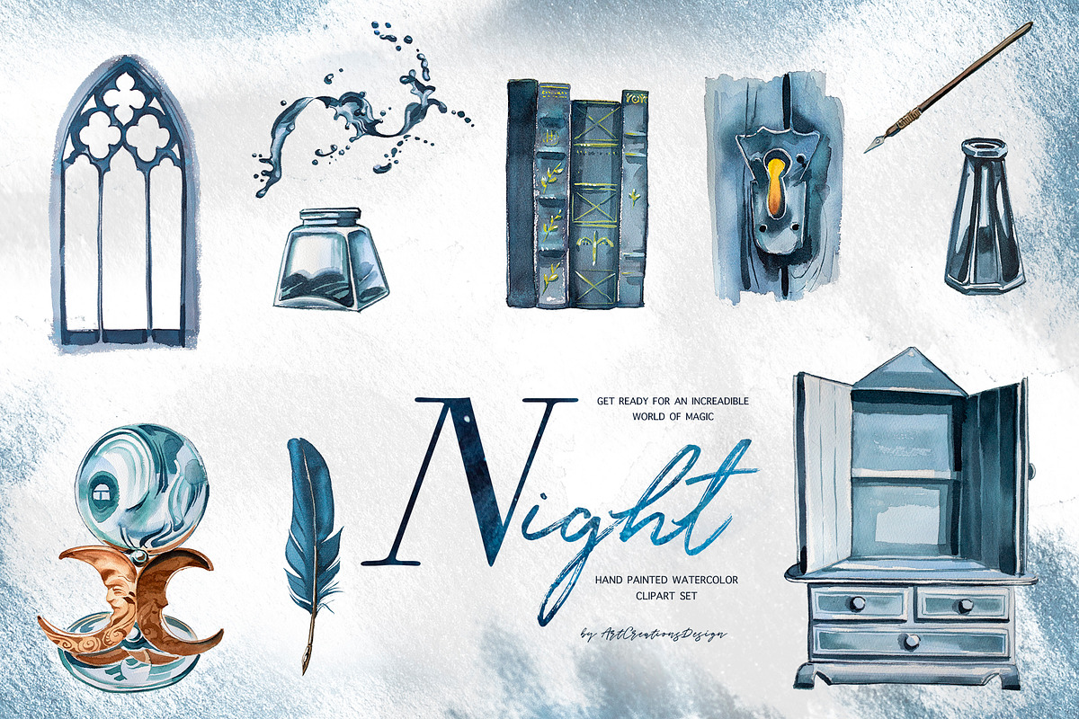 Hand-Painted Night Clipart Set, an Animal Illustration by ArtCreationsDesign (Photo 5 of 29)