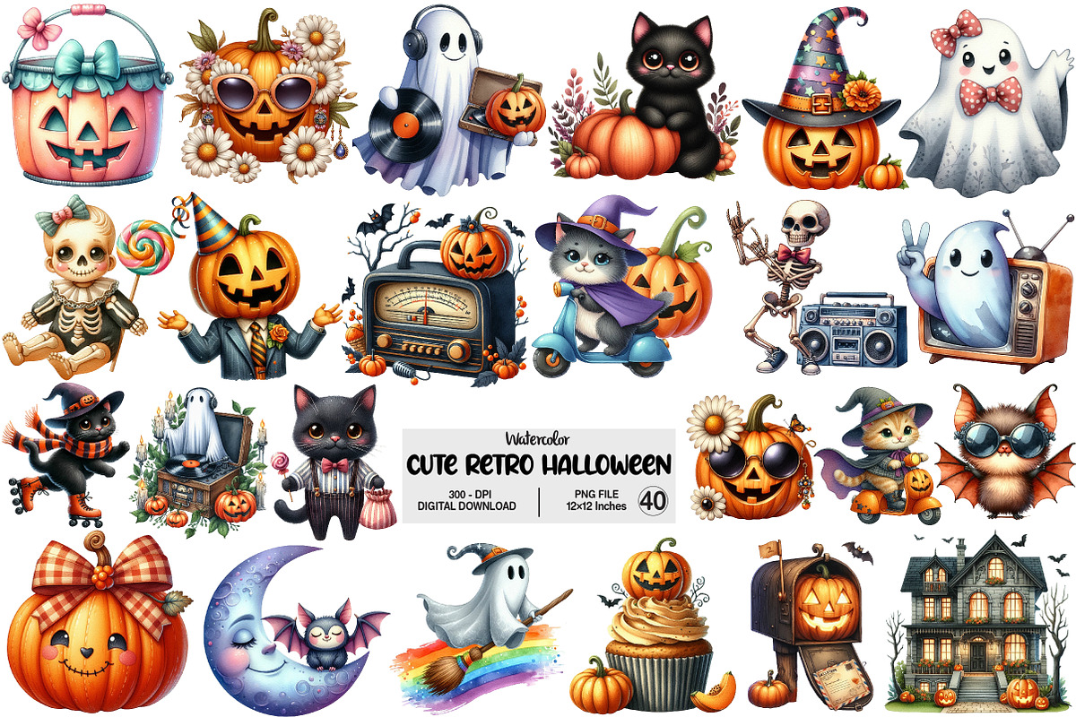 Cute Retro Halloween Clipart, an Illustration by Pixels.Craft (Photo 1 of 9)