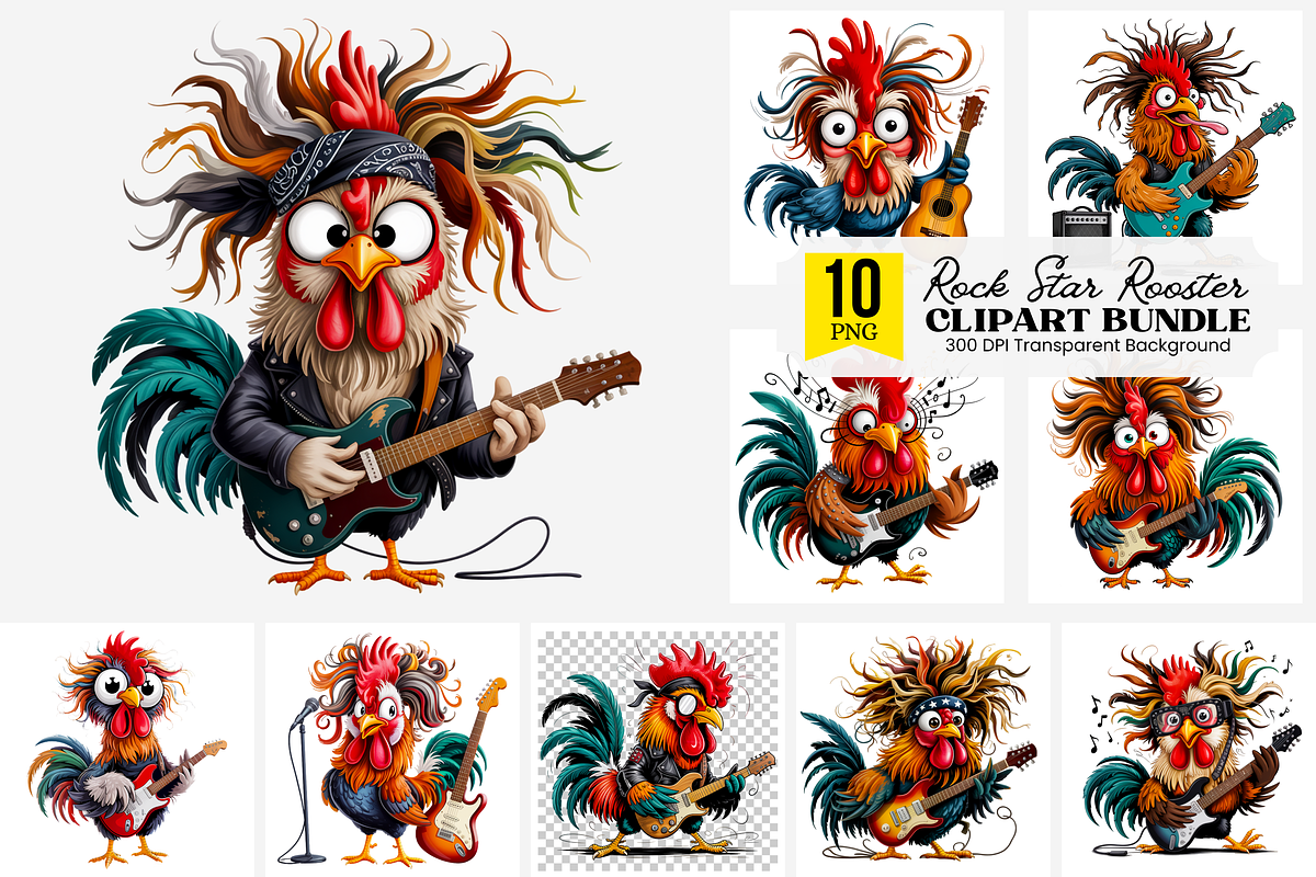 10 Rock Star Rooster Clipart PNG, a Graphic by Sleepy Aster | Creative ...