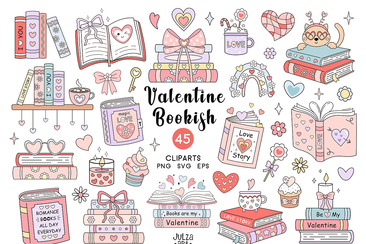 Valentine Bookish Clipart, an Education Illustration by JulzaArt (Photo 1 of 7)