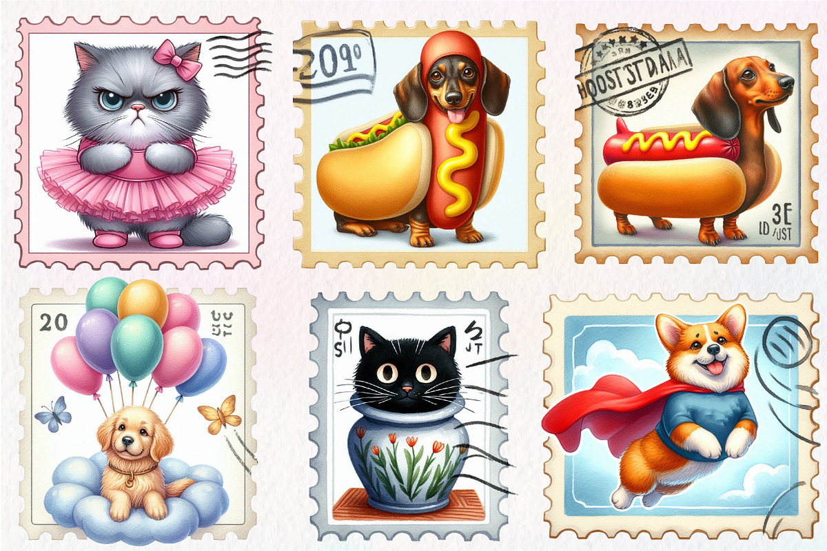 Funny Dog and Cat Postage Stamps, an Illustration by CreationArt (Photo 3 of 5)