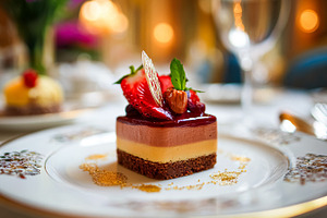 Gourmet dessert served at a luxury hotel restaurant, featuring l, a Food & Drink Photo by Studio ANNA