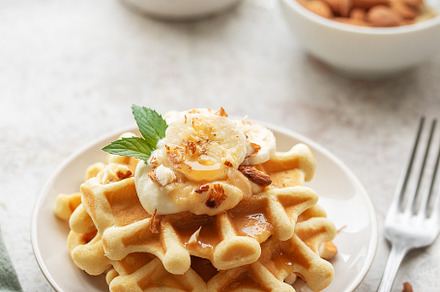 Belgian waffles with fruit, bananas and honey. Homemade baking., a Food & Drink Photo by Olena Rudo