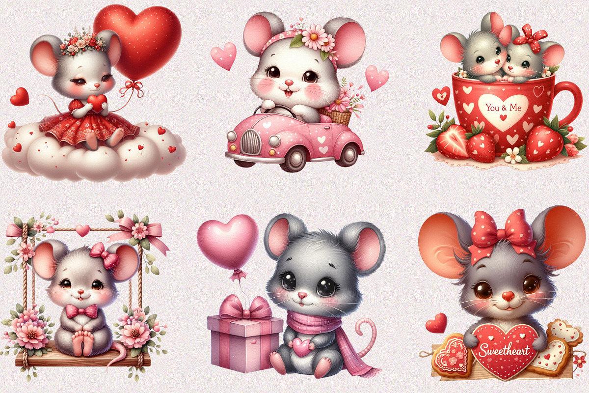 Valentine Cute Mice Clipart Bundle, a Seasonal Illustration by Craft Nest (Photo 2 of 5)