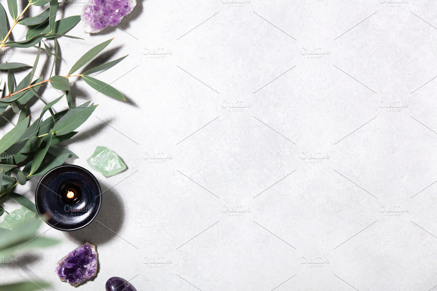Wellness Background with Eucalyptus, Crystals and Burning Candle, an Abstract Photo by Natalia Klenova's Shop
