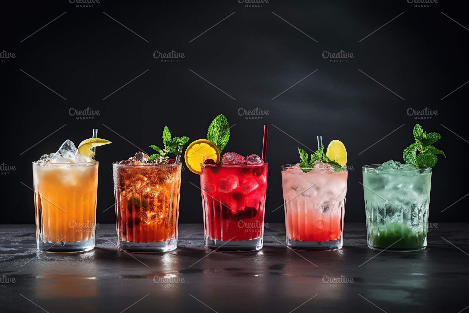 Different alcohol cocktails on grey background, a Food & Drink Photo by AlyaAnd