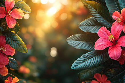 Vibrant hibiscus flowers surrounded by lush green leaves in soft sunlight, a Nature Photo by AlyaAnd