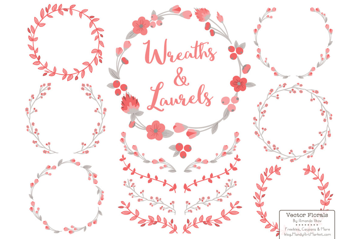 Coral and Grey Vector Flower Wreaths, an Illustration by Amanda Ilkov (Photo 1 of 3)