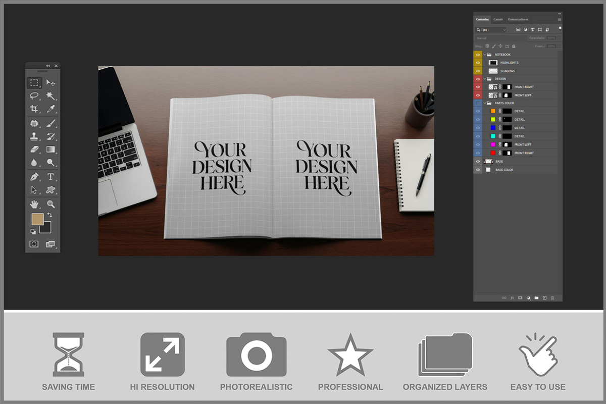 Open Notebook On Wooden Desk PSD, a Product Mockup by Bruno's Shop (Photo 3 of 4)