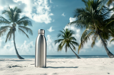 Refreshing drink on a sunny beach, a Business Photo by Beautiful things