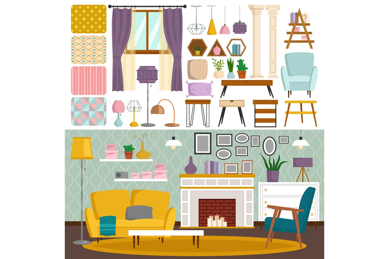 Interior details flat style design vector elements, a Decorative ...