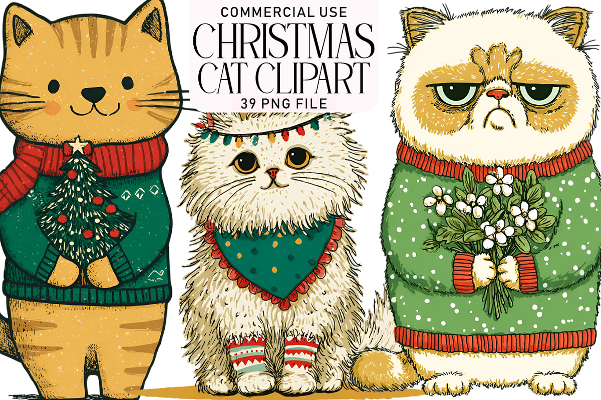 Whimsical Christmas Cat Clipart, an Illustration by Daily.Designs (Photo 1 of 5)
