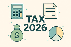 Tax 2026 concept with calculator, mo, a Photo by Dvoevnore photos
