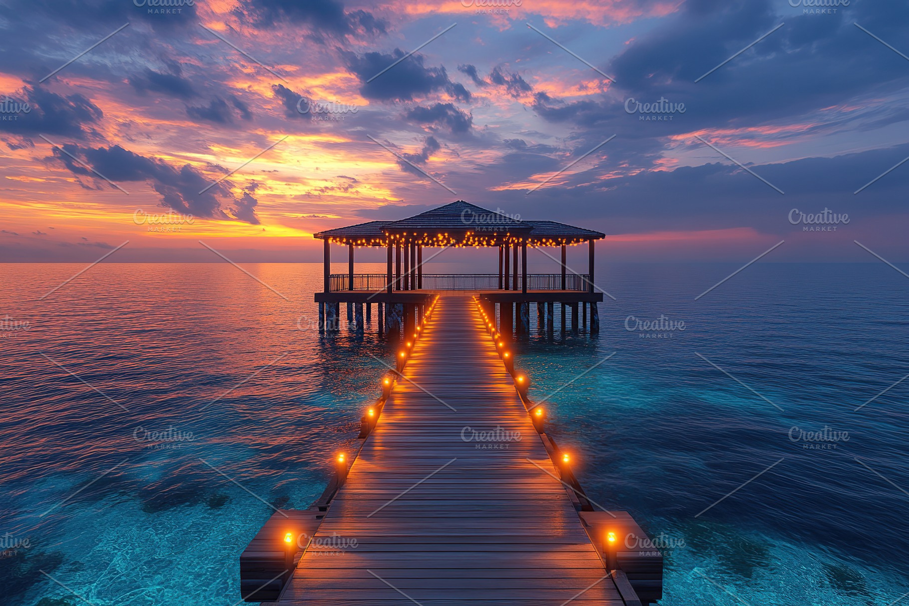 Modern illuminated wooden pier with sea and clean sky view, an Architecture Photo by AlyaAnd