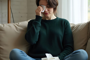 Woman Crying on Couch with Tissues, a Person Photo by Stock Shape