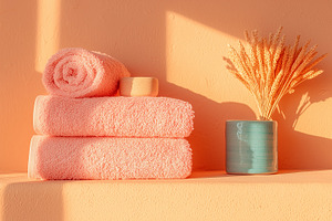 Pale spa towels stacked on a shelf,, an Abstract Photo by Imaginarium