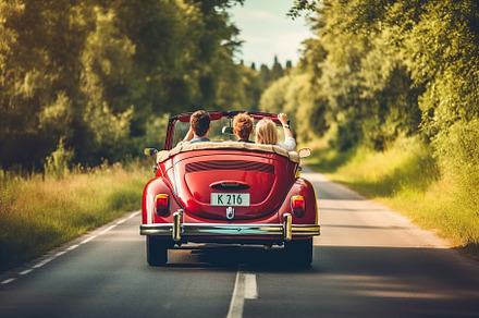 Happy friends driving vintage car on a road. Generative AI, a Transportation Photo by AlyaAnd