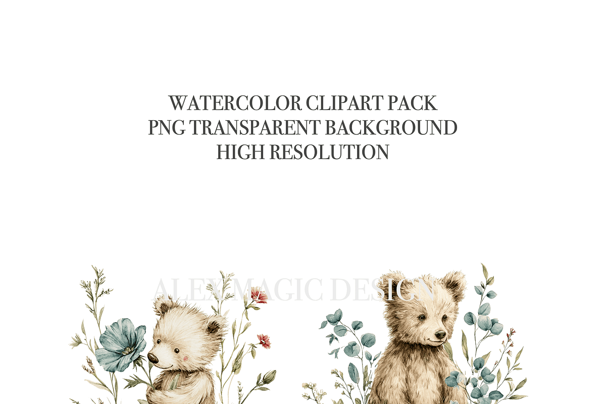 Floral Teddy Bears Clipart, a Decorative Illustration by Pati Charm Studio (Photo 4 of 8)