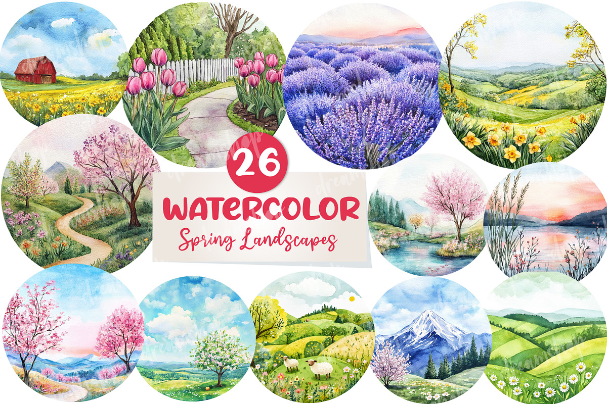 Watercolor Spring Landscapes Round, an Illustration by CreationArt (Photo 1 of 5)