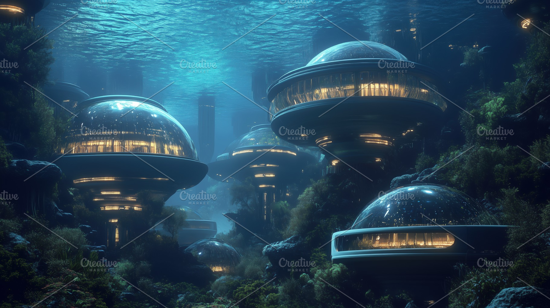 A futuristic underwater city with dome-shaped structures illuminated from withi, an Arts & Entertainment Photo by Textures & Backgrounds